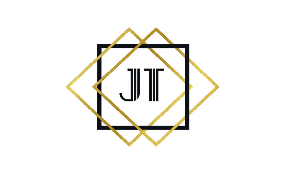 JT monogram in gold on white background